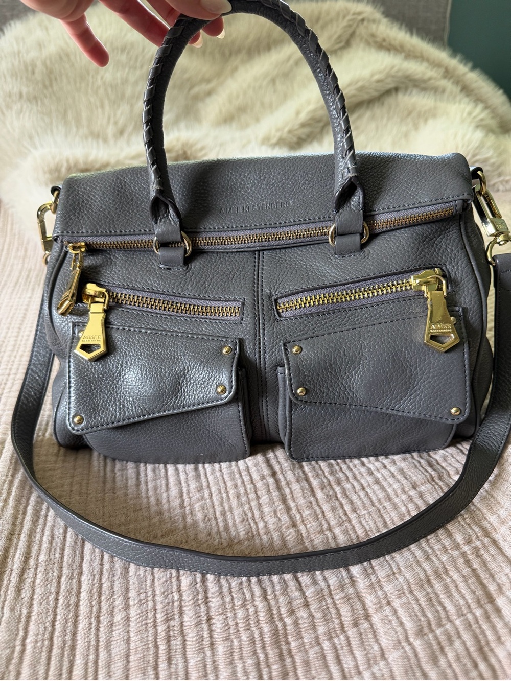 Aimee Kestenberg Soho gray pebbled leather moto zipper bag - Picture 2 of 10
